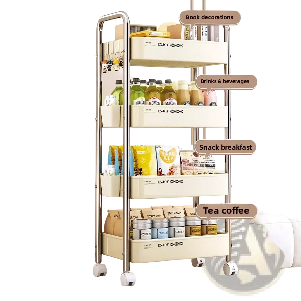 Cream-colored multi-tiered rolling storage cart with chrome frame and white wheels plastic organizer for home use