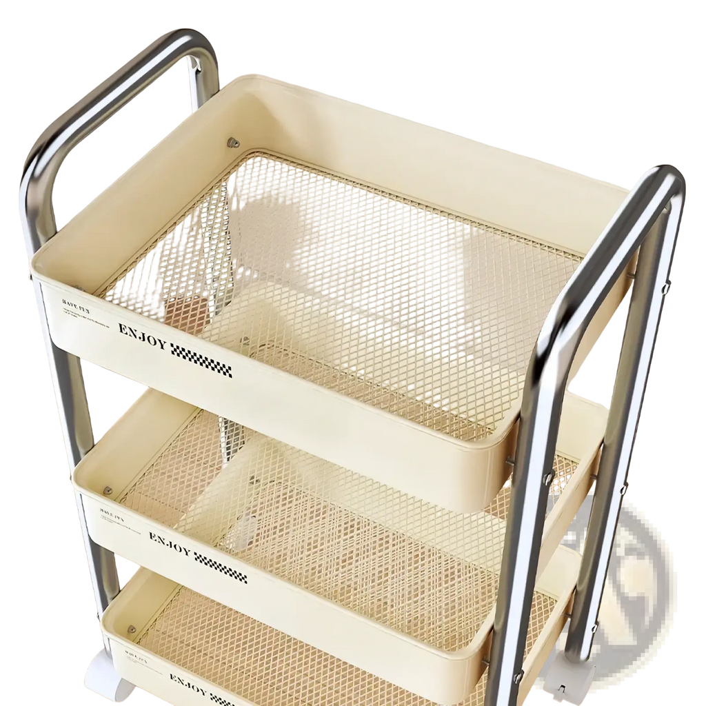 Cream-colored rolling storage cart with three mesh trays and chrome metal frame for multi tier plastic organization