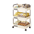 Cream white three-tier rolling storage cart with stainless steel frame and black wheels for multi-tier plastic organization