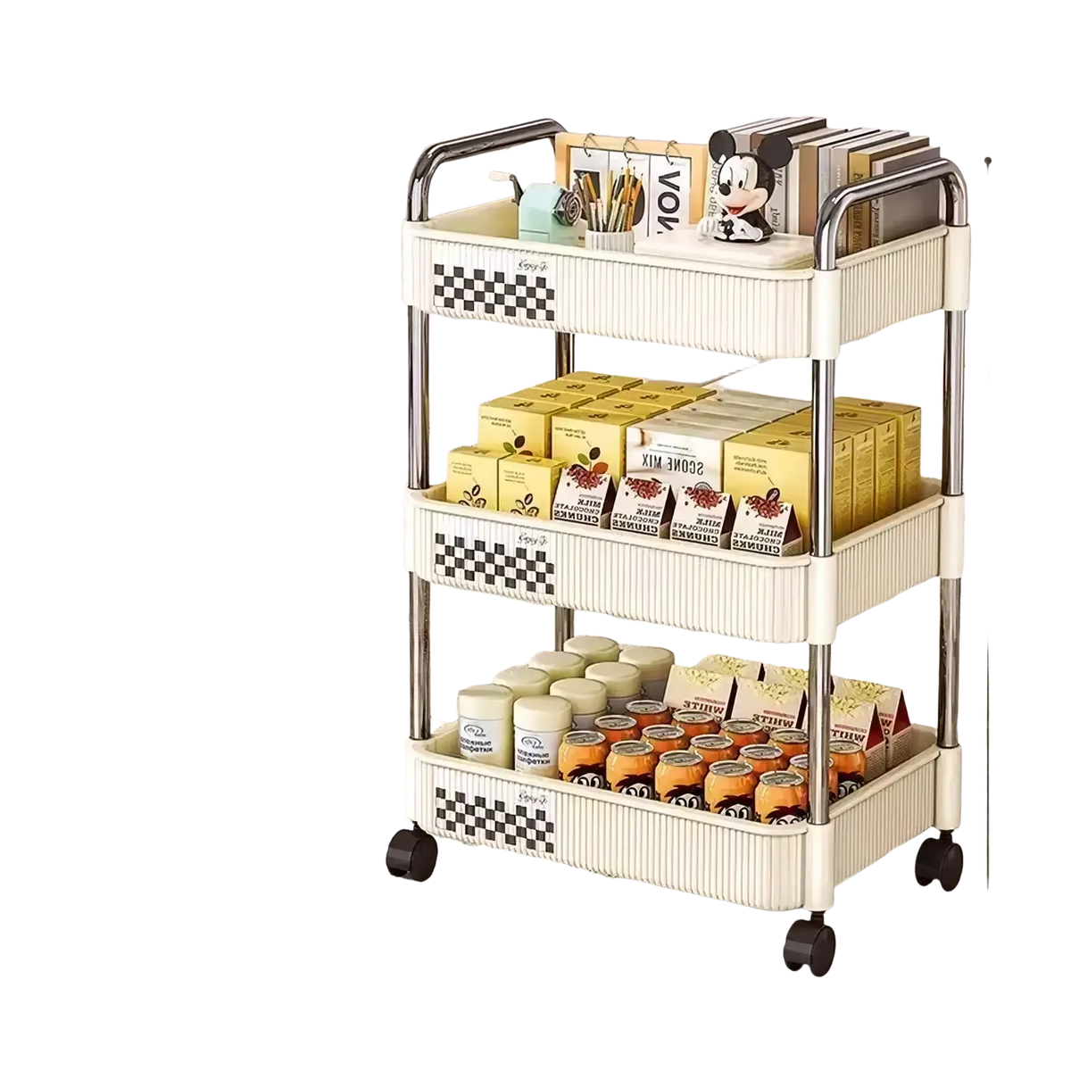 Cream white three-tier rolling storage cart with stainless steel frame and black wheels for multi-tier plastic organization