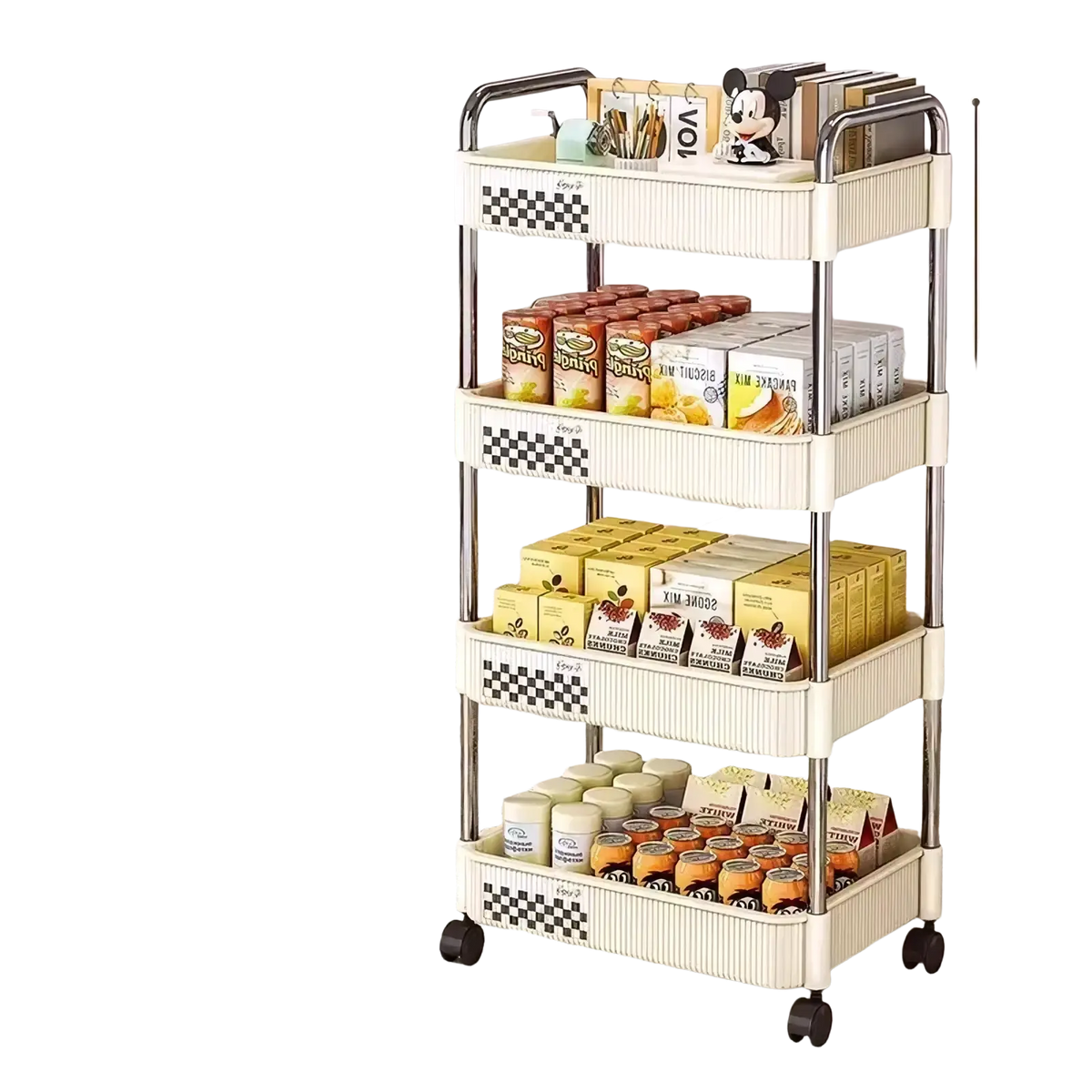 Cream white three-tier rolling storage cart with stainless steel frame, black wheels, and checkered pattern shelves
