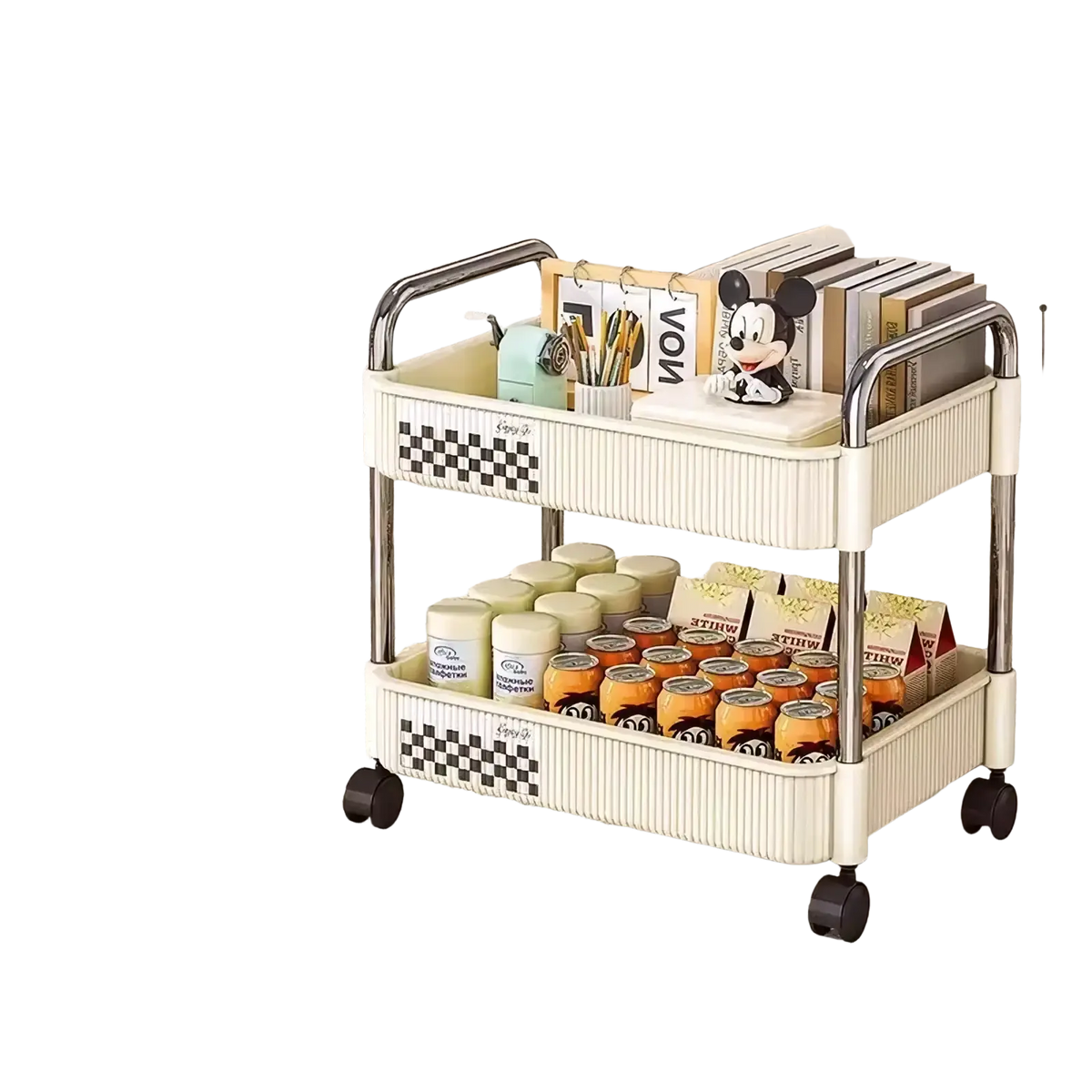 Cream white two-layer rolling storage cart with black and white checkered accents stainless steel frame and silent wheels
