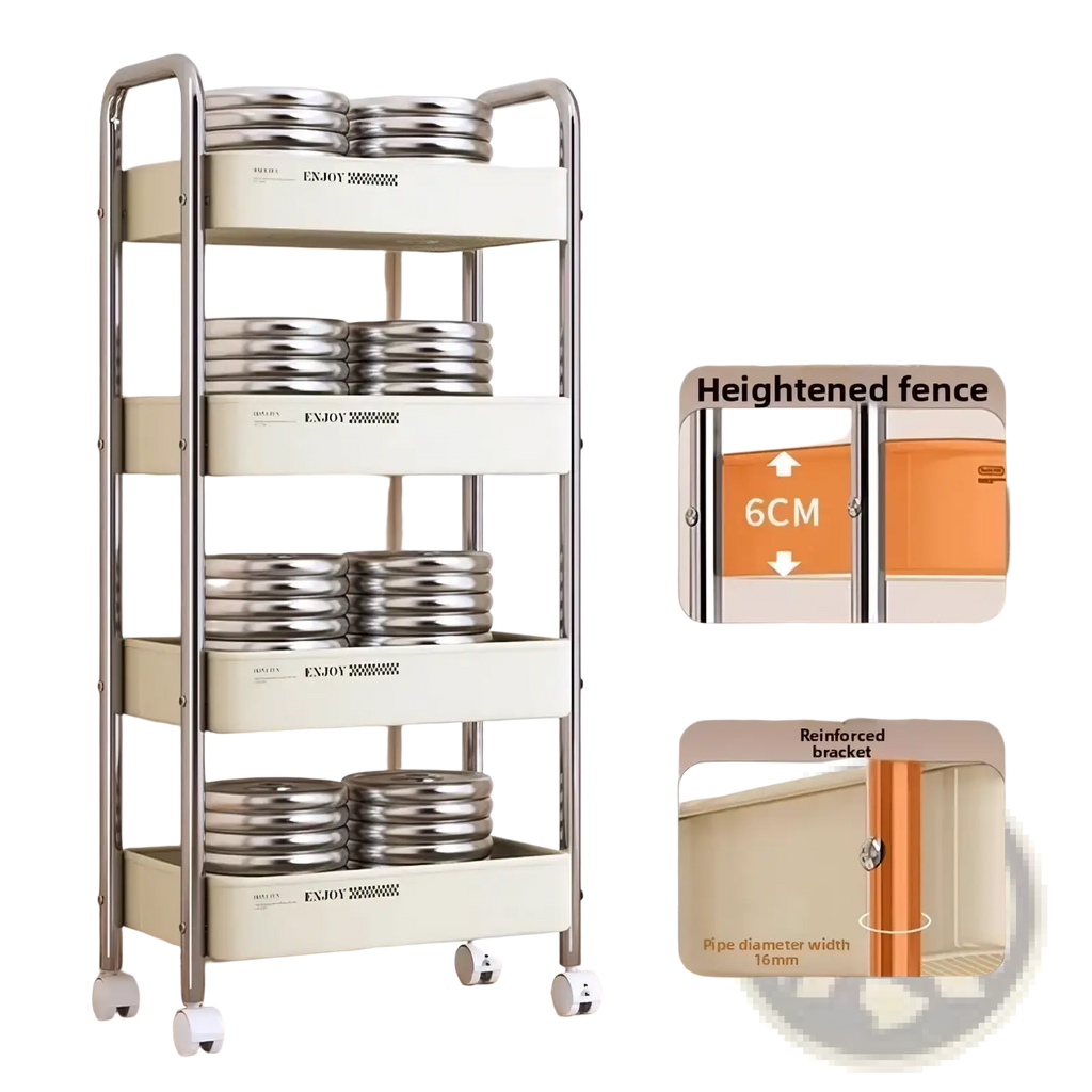 Rolling storage cart multi tier plastic organizer with chrome frame cream drawers and stacked stainless steel bowls