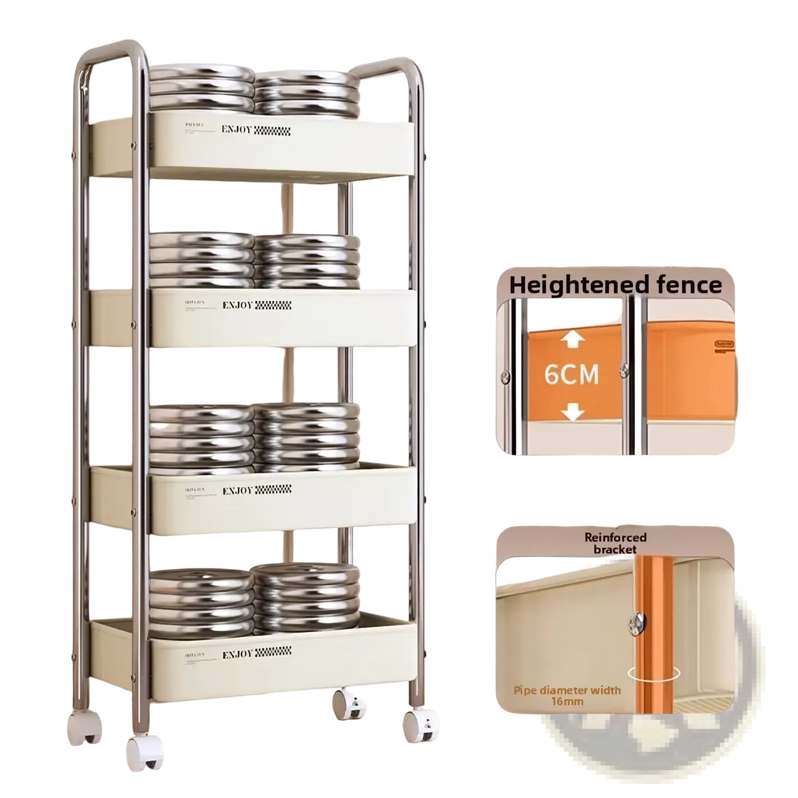 Rolling storage cart multi tier plastic organizer with chrome frame cream drawers and stacked stainless steel bowls