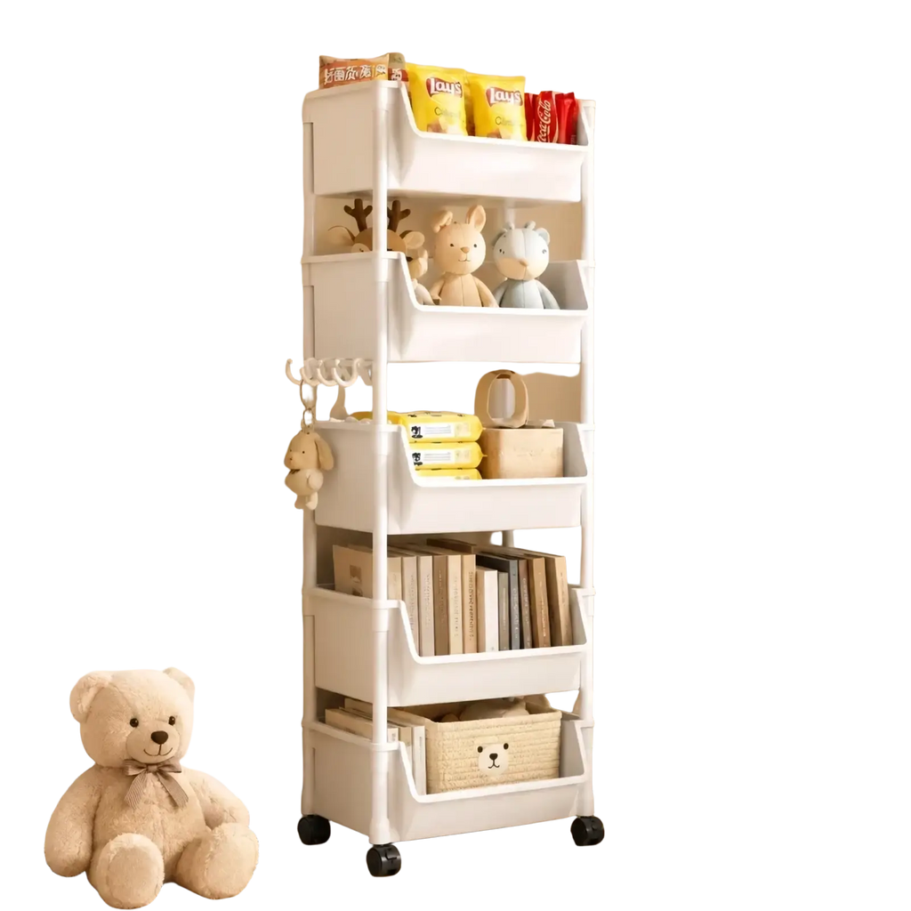White plastic rolling storage cart with multiple shelves and hooks for organizing toys and household items