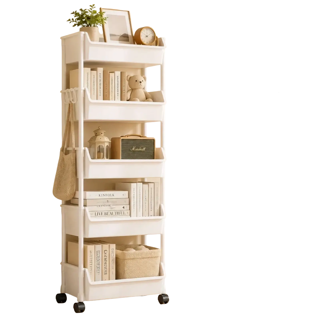 White 5-tier rolling storage cart with plastic tiers black wheels and side pockets for organized storage