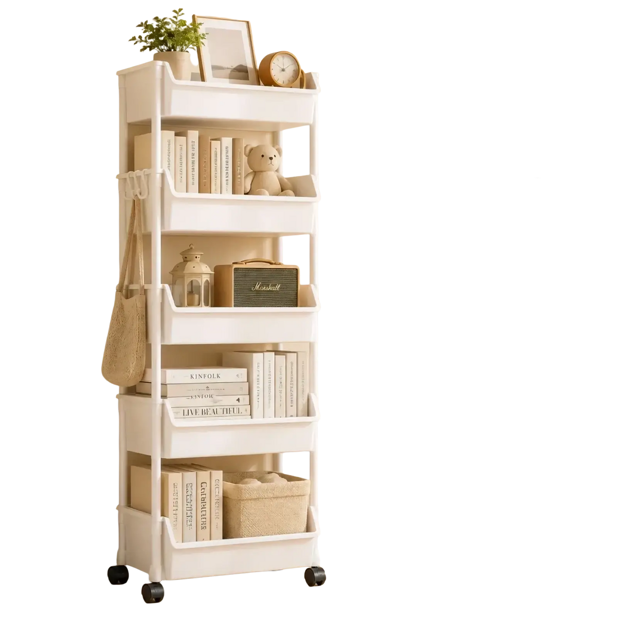 White 5-tier rolling storage cart with plastic tiers black wheels and side pockets for organized storage