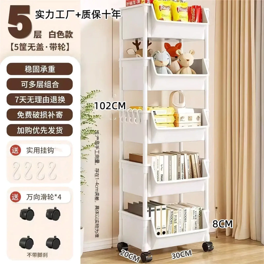 White plastic rolling storage cart with multiple tiers wheels and hooks for organized tiered storage and easy mobility