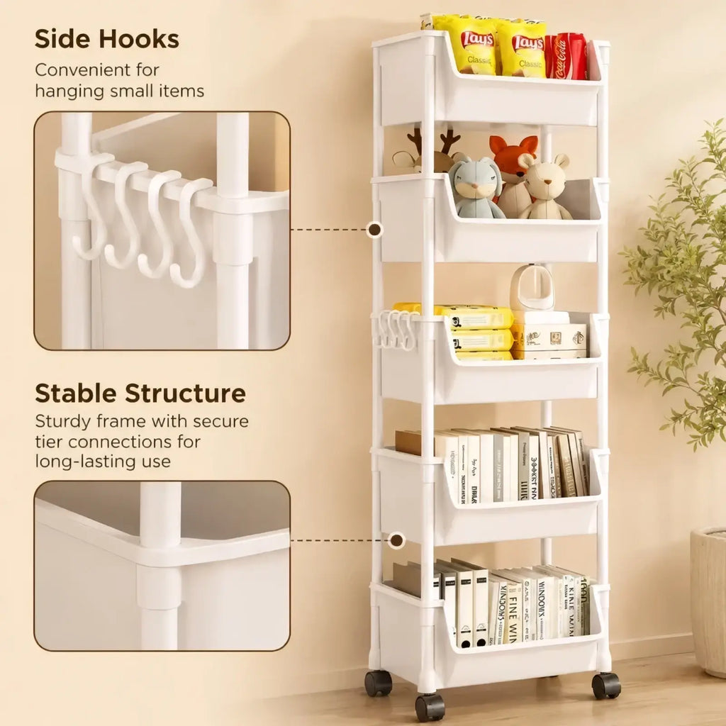 White plastic multi-tiered rolling storage cart with side hooks and black caster wheels for easy organization