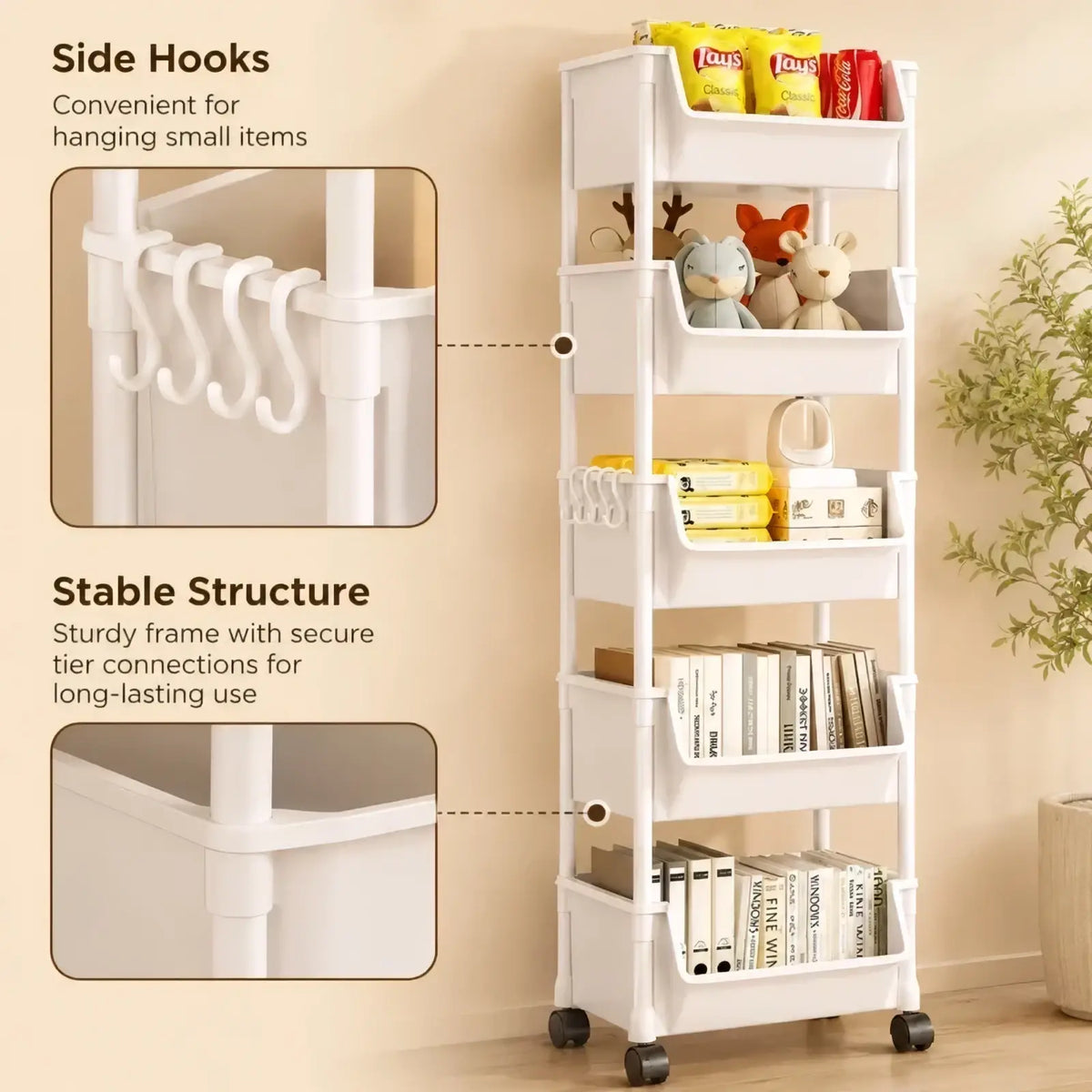 White plastic multi-tiered rolling storage cart with side hooks and black caster wheels for easy organization
