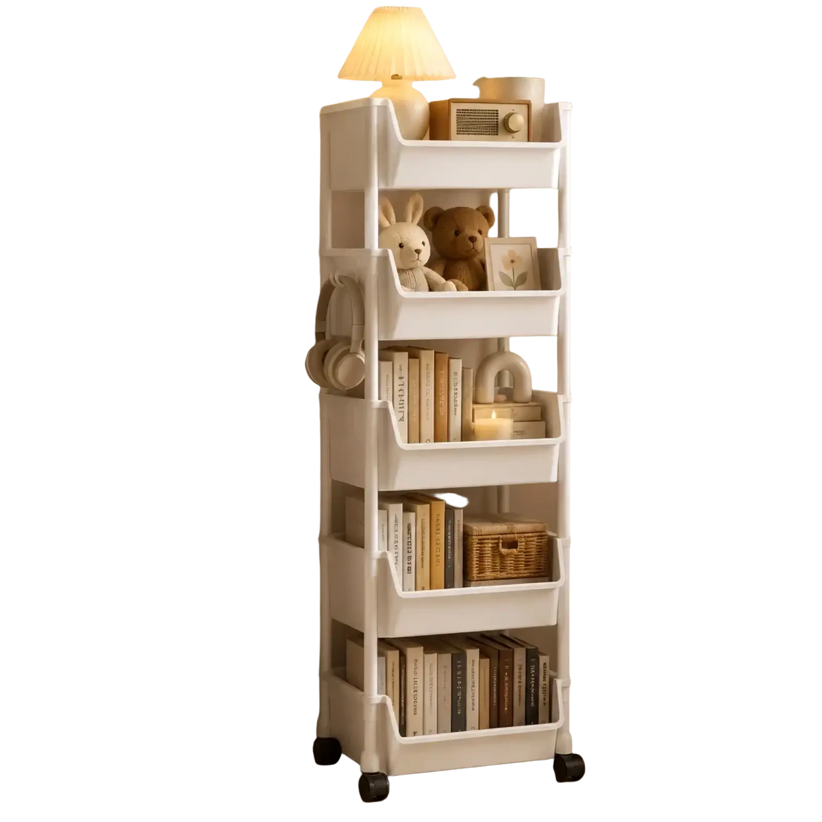 White plastic multi-tiered rolling storage cart with wheels and integrated shelves for organized storage