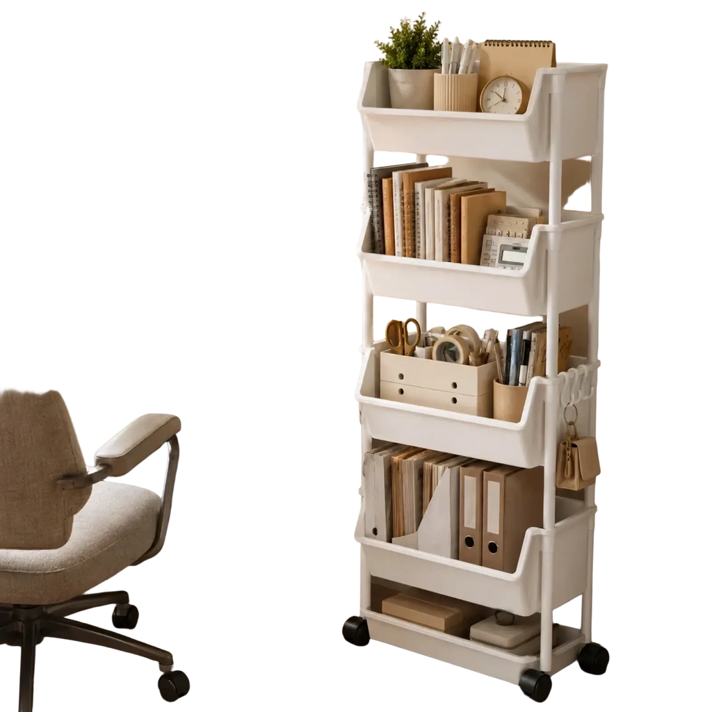 White plastic multi-tiered rolling storage cart with black wheels and integrated compartments for organization