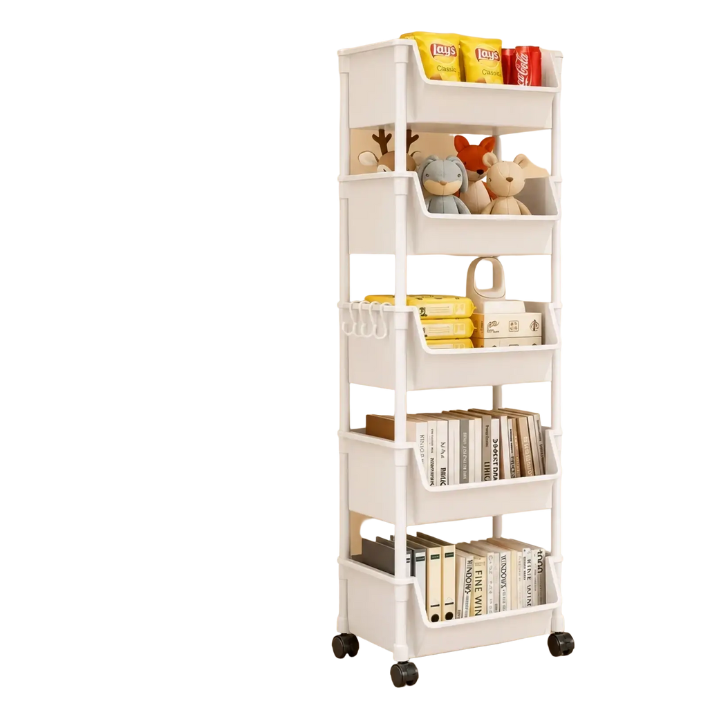 White plastic slim 5-tier rolling storage cart with wheels and side hooks for organized tiered storage