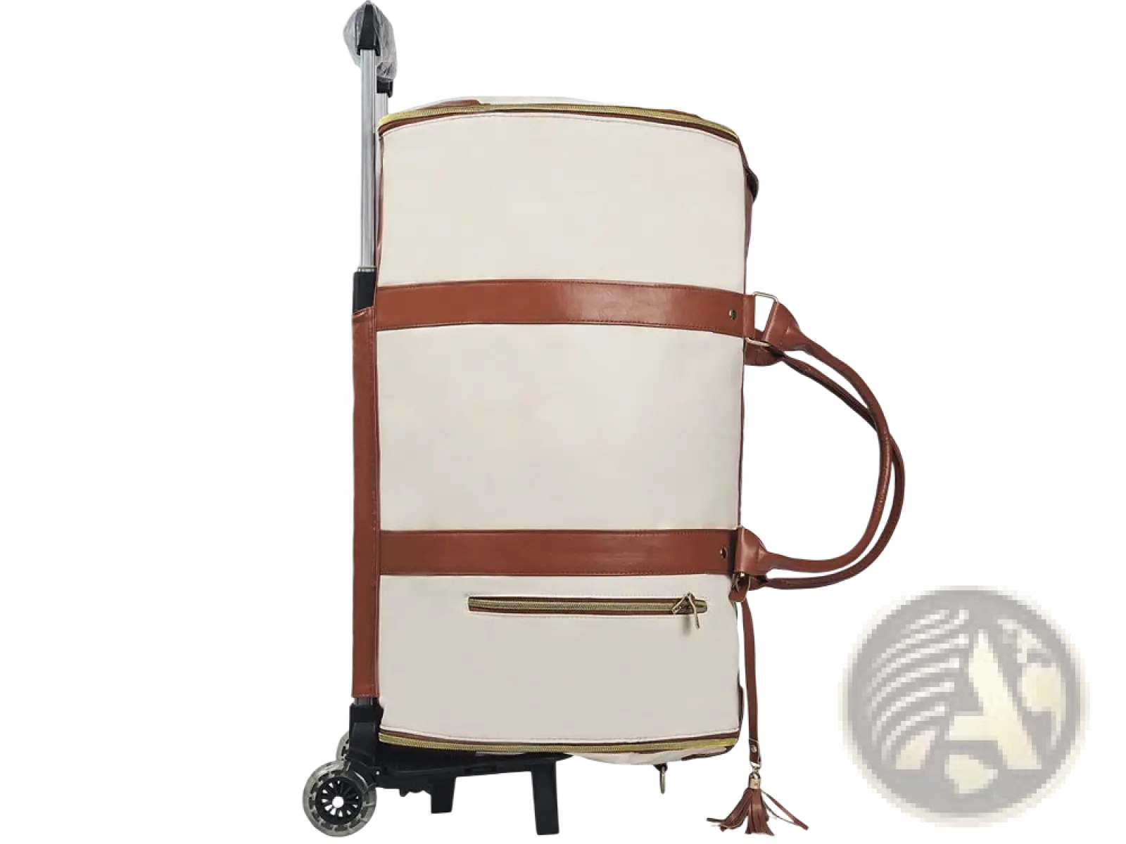 Cream-colored rolling travel bag with brown leather straps and tassel accents for large capacity fitness duffel use
