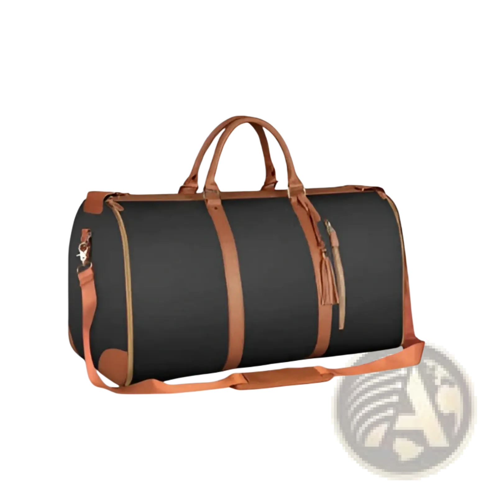 Black and tan leather-trimmed rolling travel bag with shoulder strap foldable large capacity fitness duffel