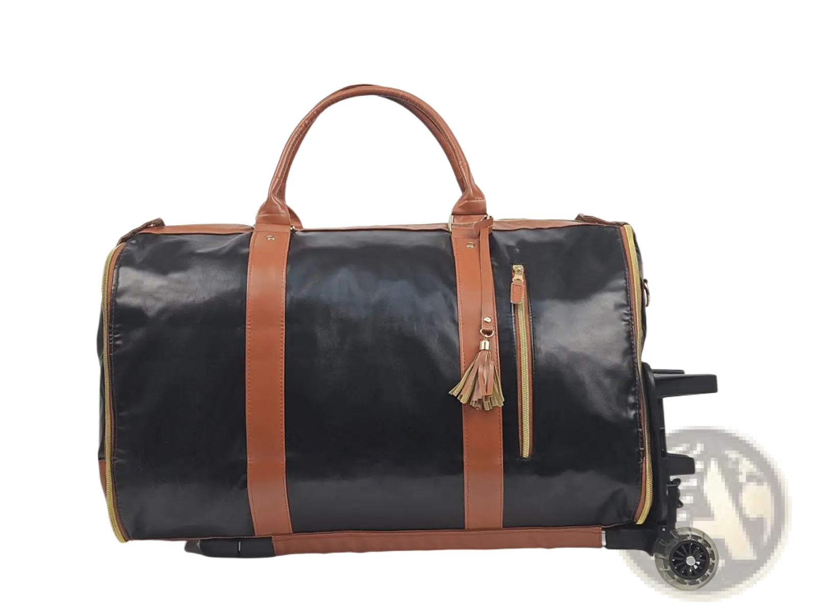Black and tan leather rolling travel bag with foldable large capacity and gold-tone zipper accents with tassel pull