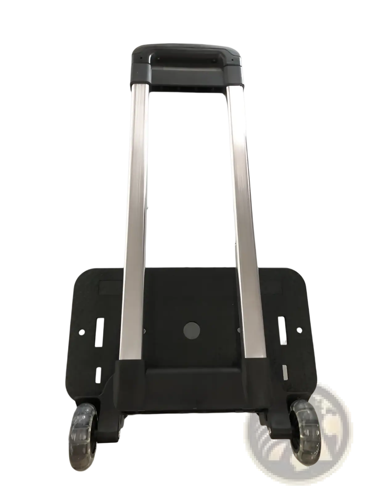 Black and silver telescoping handle with two wheels on the back side of a rolling travel bag foldable large capacity duffel