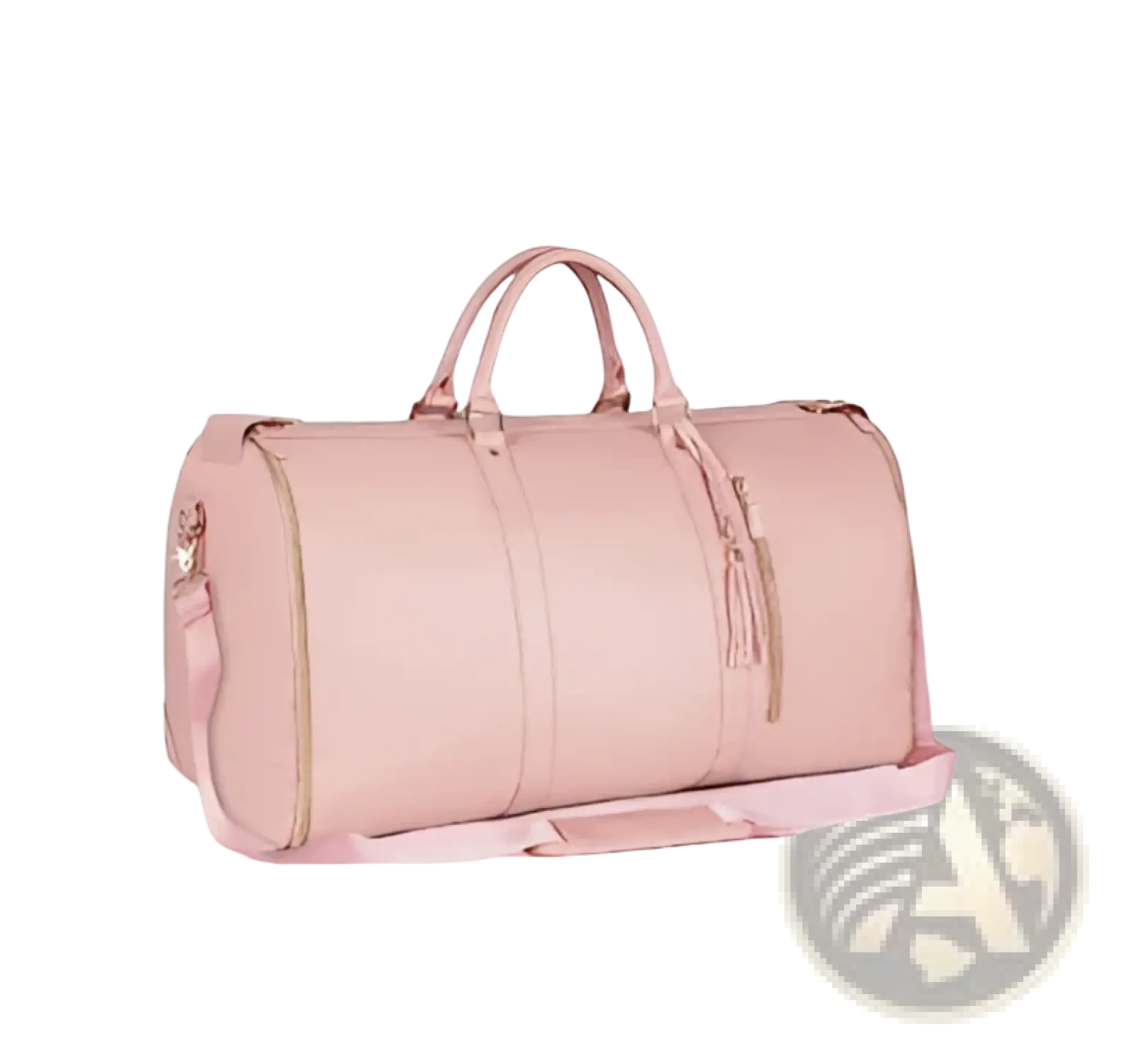Pink leather rolling travel duffel bag with gold-tone zippers and tassel accents large capacity fitness bag