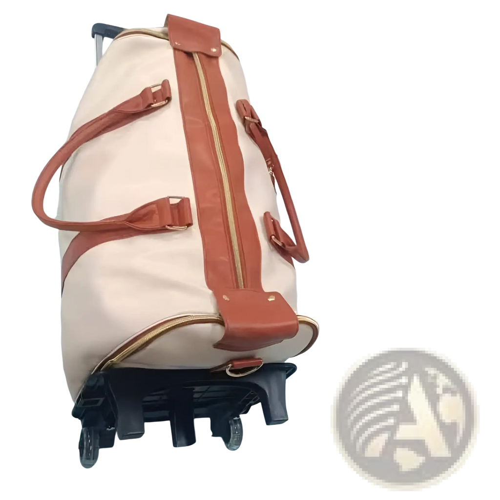 Cream-colored rolling travel duffel bag with tan leather straps gold zippers retractable handle and four wheels for easy rolling