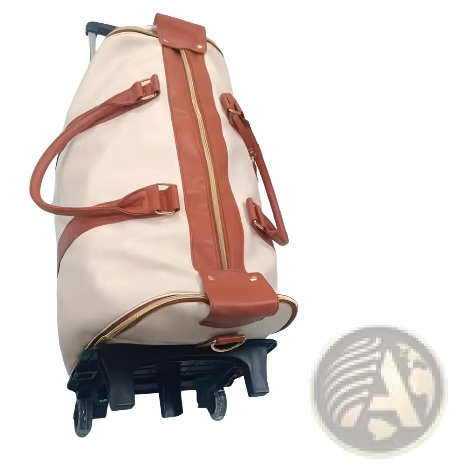 Cream-colored rolling travel duffel bag with tan leather straps gold zippers retractable handle and four wheels for easy rolling
