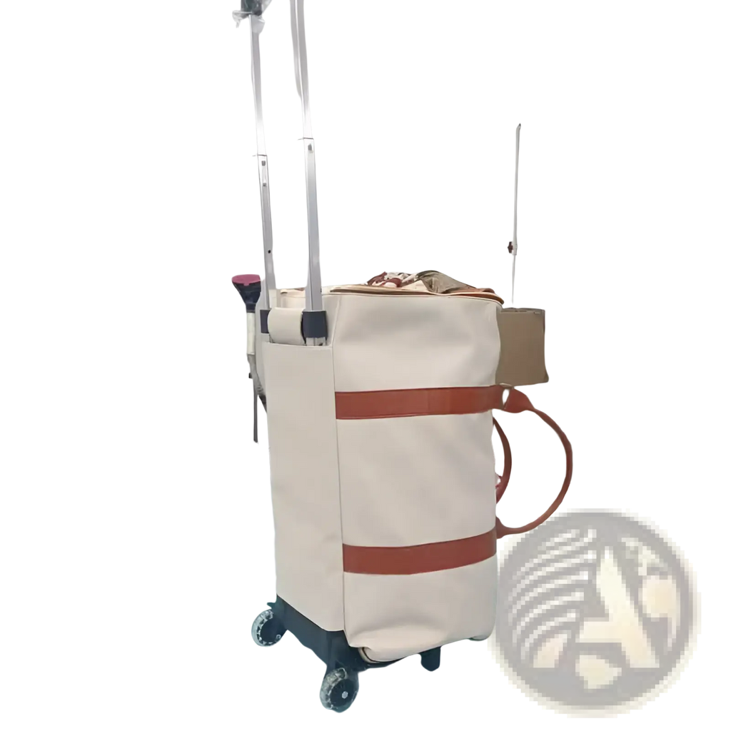 Cream-colored canvas rolling travel bag with large capacity, brown leather straps, and silver telescoping handle
