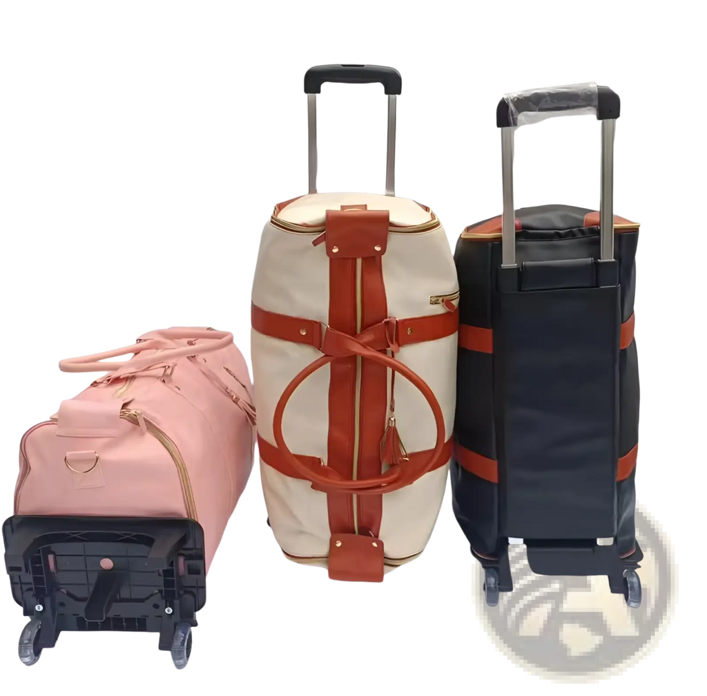 Three rolling suitcases including a soft pink foldable large capacity fitness duffel with black wheels and handles