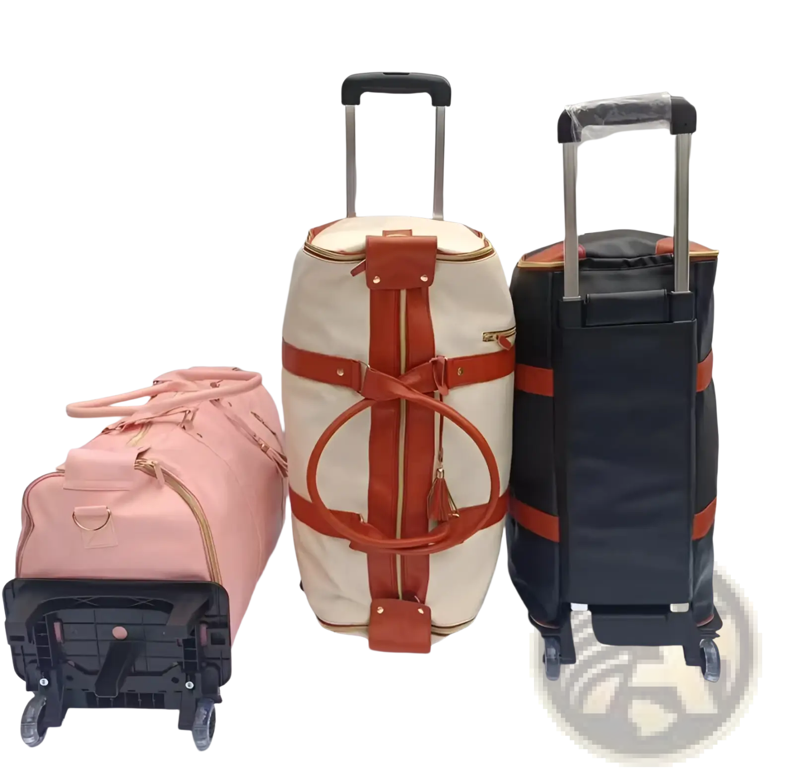 Three rolling suitcases including a soft pink foldable large capacity fitness duffel with black wheels and handles