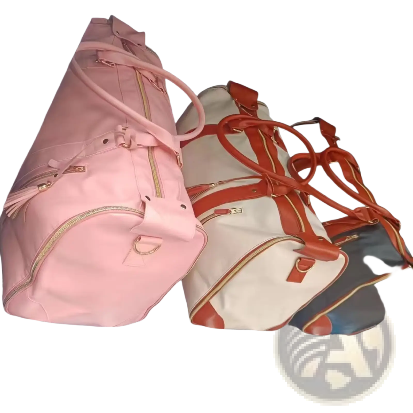 Pink leather rolling travel duffel bag with gold zippers and tassels foldable large capacity fitness duffel