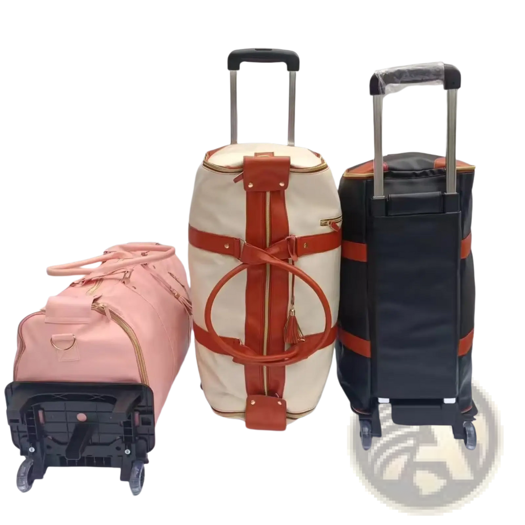 Cream-colored rolling travel bag with orange leather straps and gold zippers foldable large capacity fitness duffel