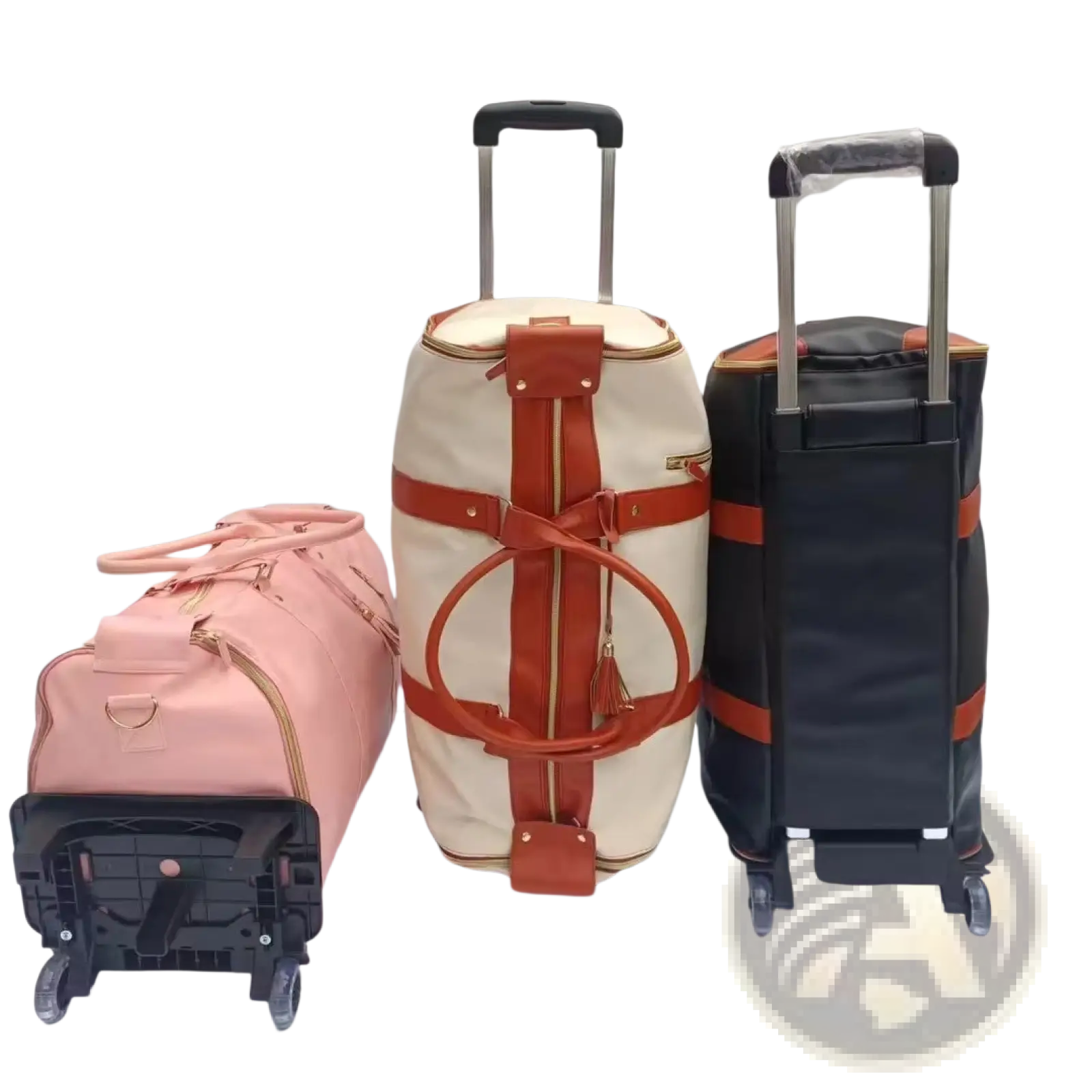 Cream-colored rolling travel bag with orange leather straps and gold zippers foldable large capacity fitness duffel