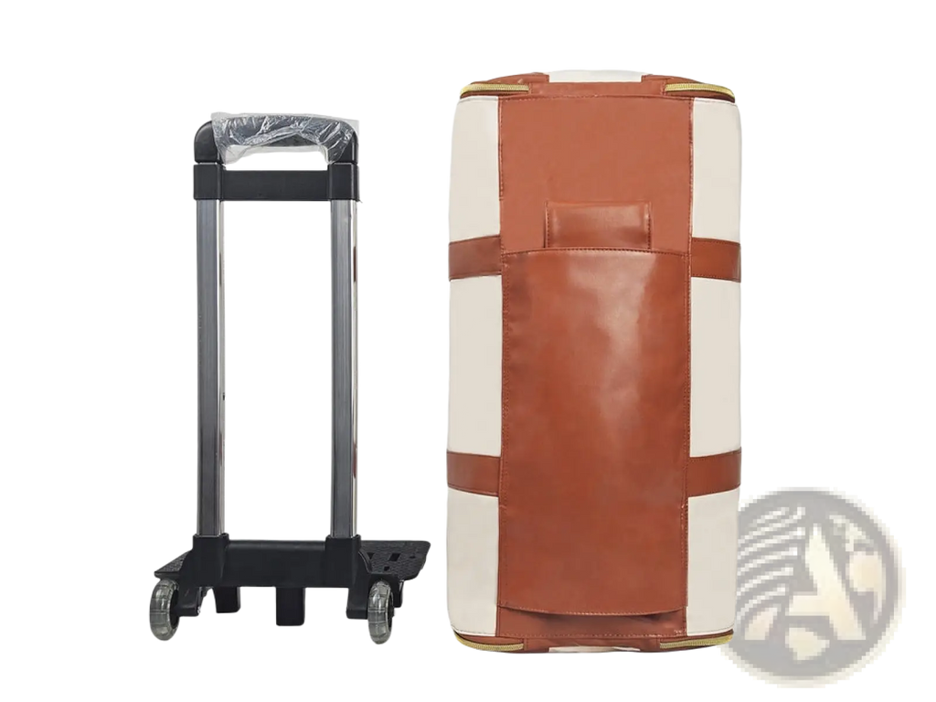 Brown and cream striped rolling travel bag with black telescoping handle foldable large capacity fitness duffel