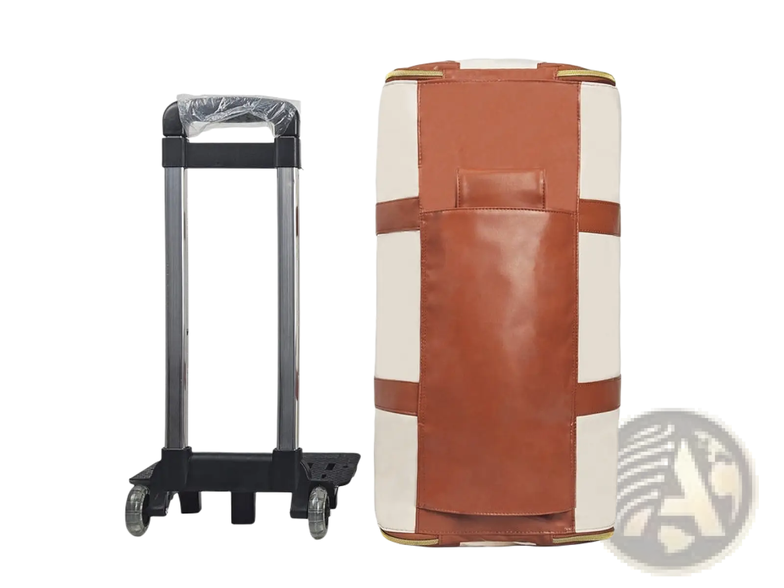 Brown and cream striped rolling travel bag with black telescoping handle foldable large capacity fitness duffel