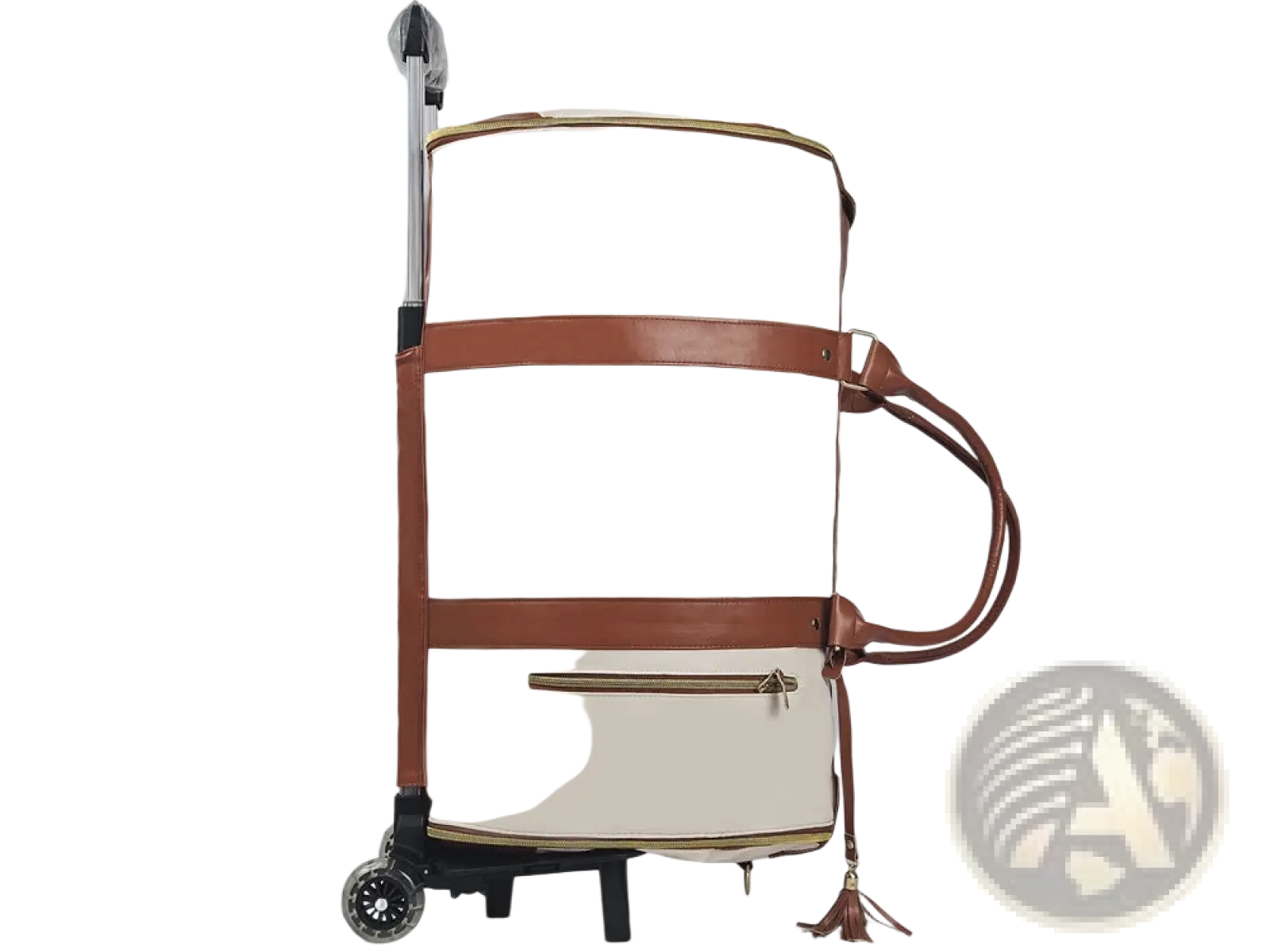 Cream-colored rolling travel bag with brown leather straps and tassel accent foldable large capacity duffel