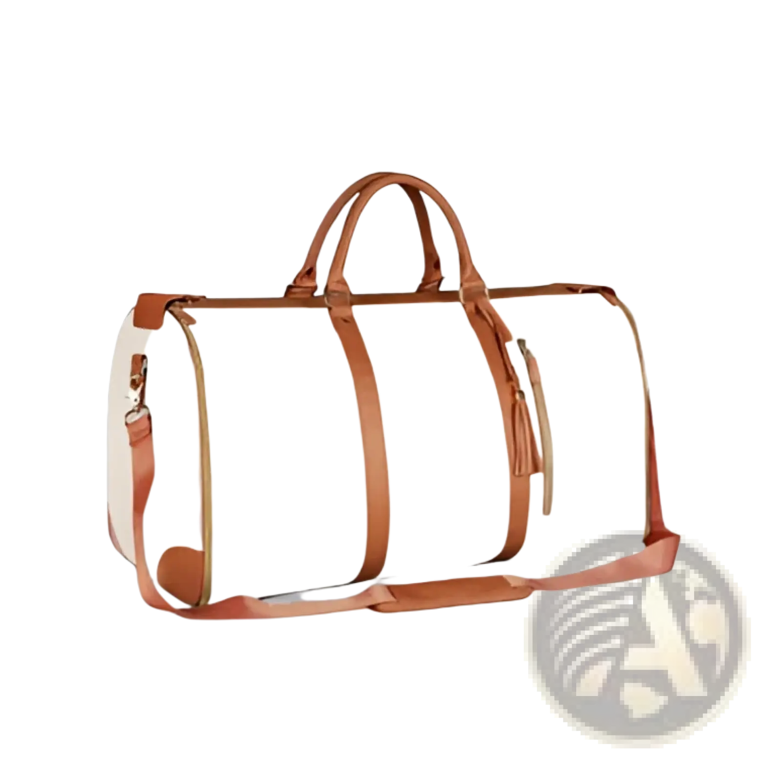 Cream-colored canvas rolling travel bag with tan leather straps foldable large capacity fitness duffel