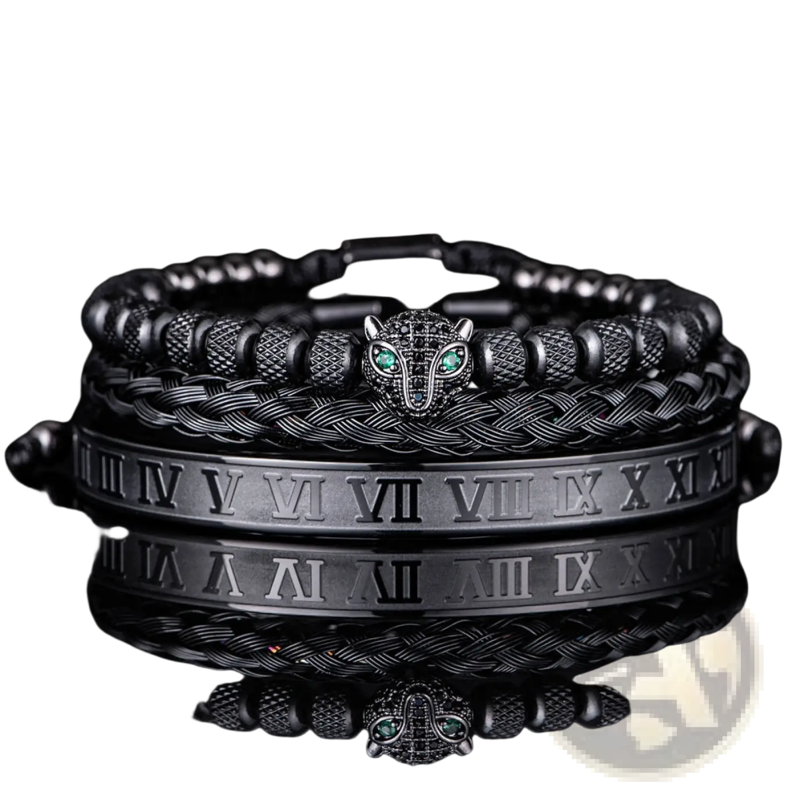 Black braided leather Roman numeral bracelet with silver leopard head charm and green gemstone eyes