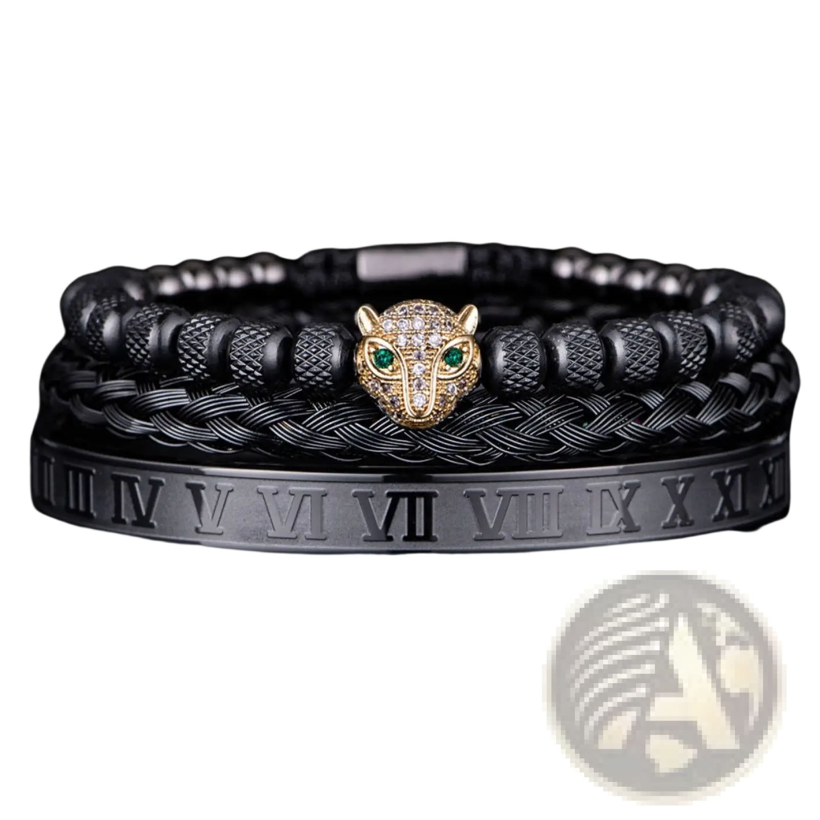 Black braided leather bracelet with gold-toned panther head charm featuring green and clear gemstones and textured beads