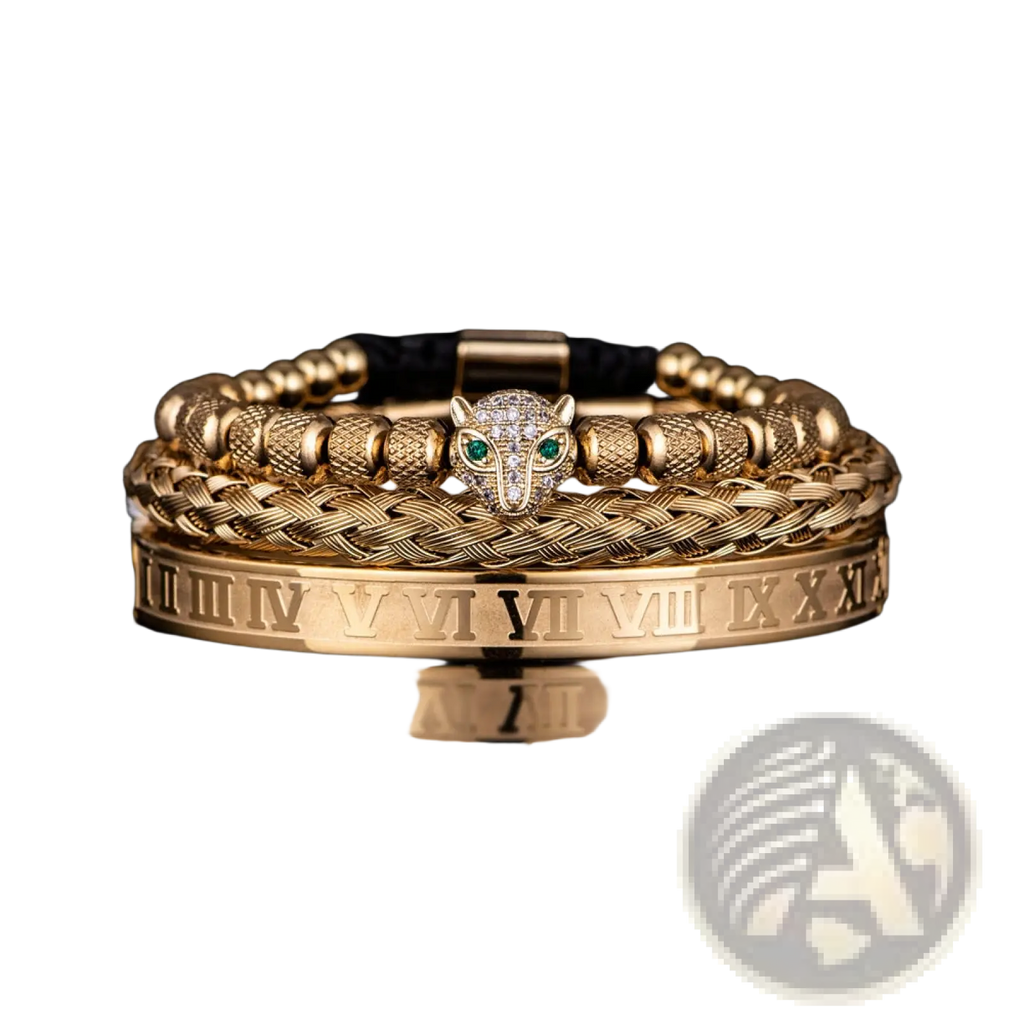 Gold-toned roman numeral bracelet set with a leopard head charm featuring green eyes and diamond accents on braided leather