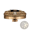 Gold-toned roman numeral bracelet set with a leopard head charm featuring green eyes and diamond accents on braided leather