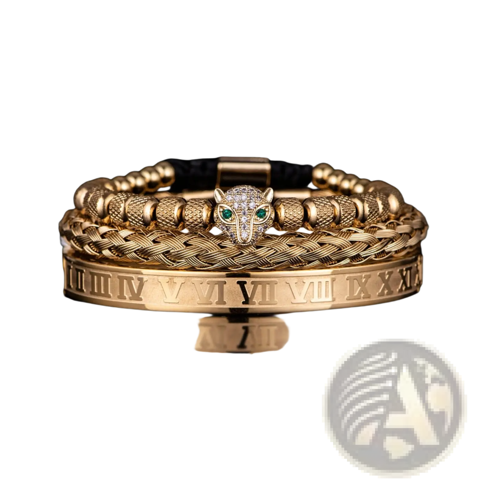 Gold-toned roman numeral bracelet set with a leopard head charm featuring green eyes and diamond accents on braided leather