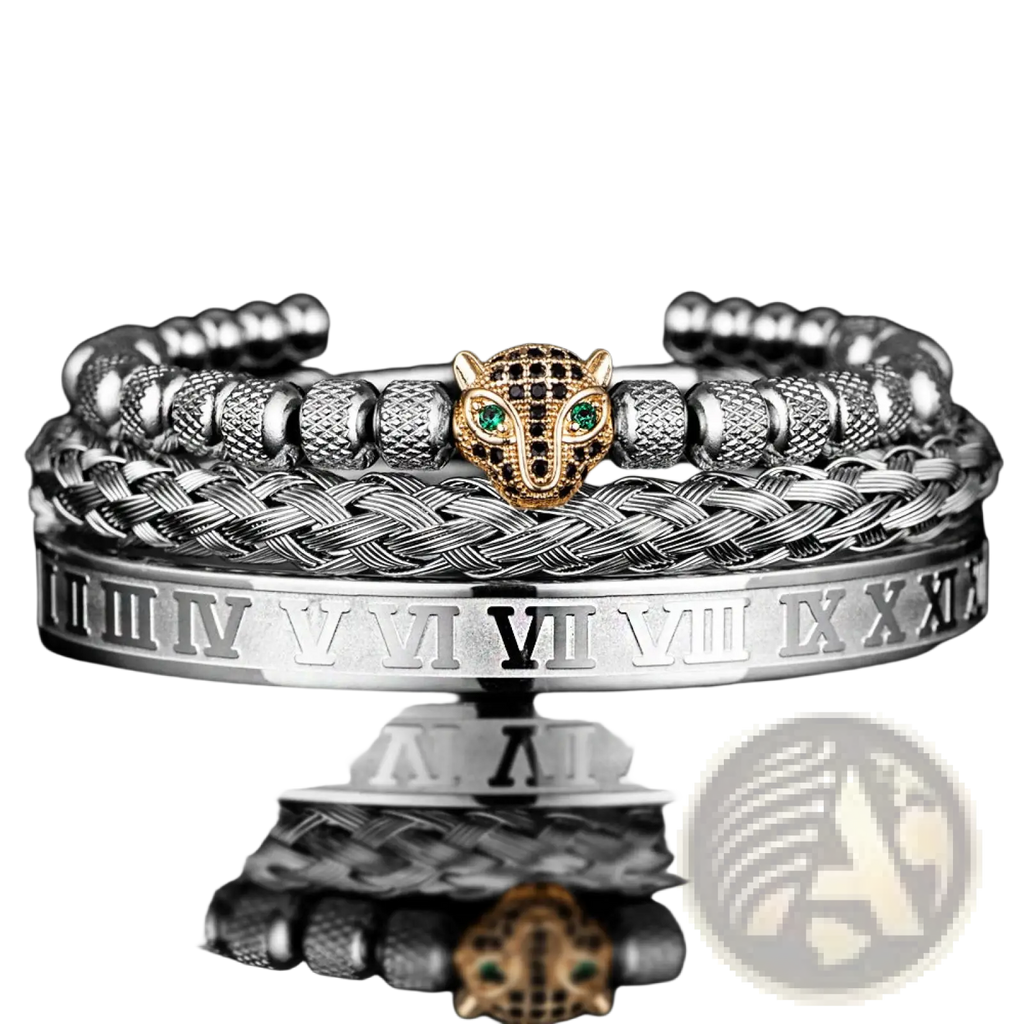 Stacked roman numeral braided leather bracelets featuring a gold-toned leopard head charm with green eyes and silver beads