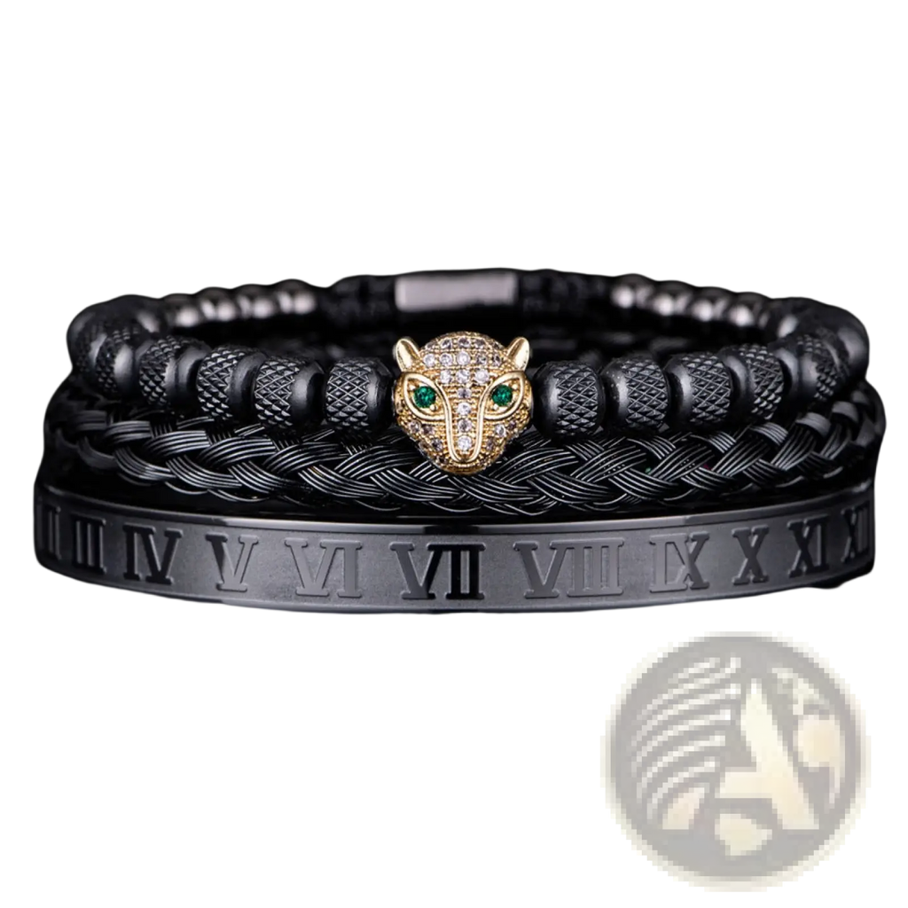 Black braided leather bracelet with gold-toned panther head charm featuring green and clear gemstones and textured beads
