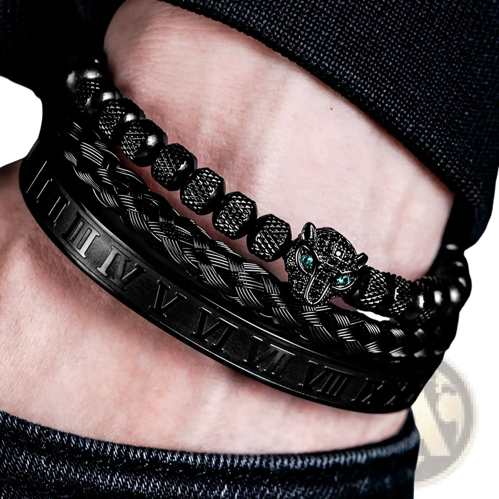 Black braided leather bracelet with embossed roman numerals and green gemstone panther head charm in a set