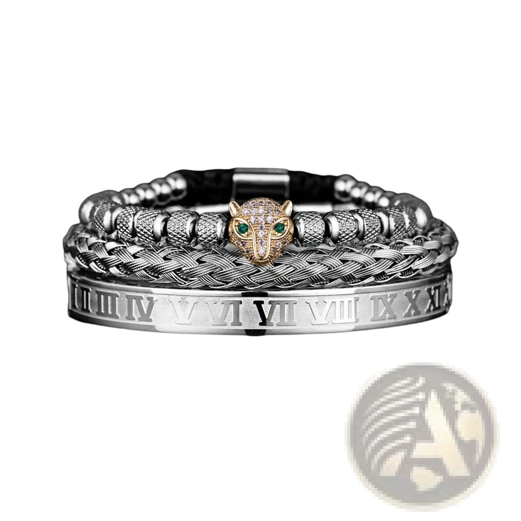 Stylish silver-toned roman numeral leopard head braided leather bracelet set with golden panther charm and green eyes