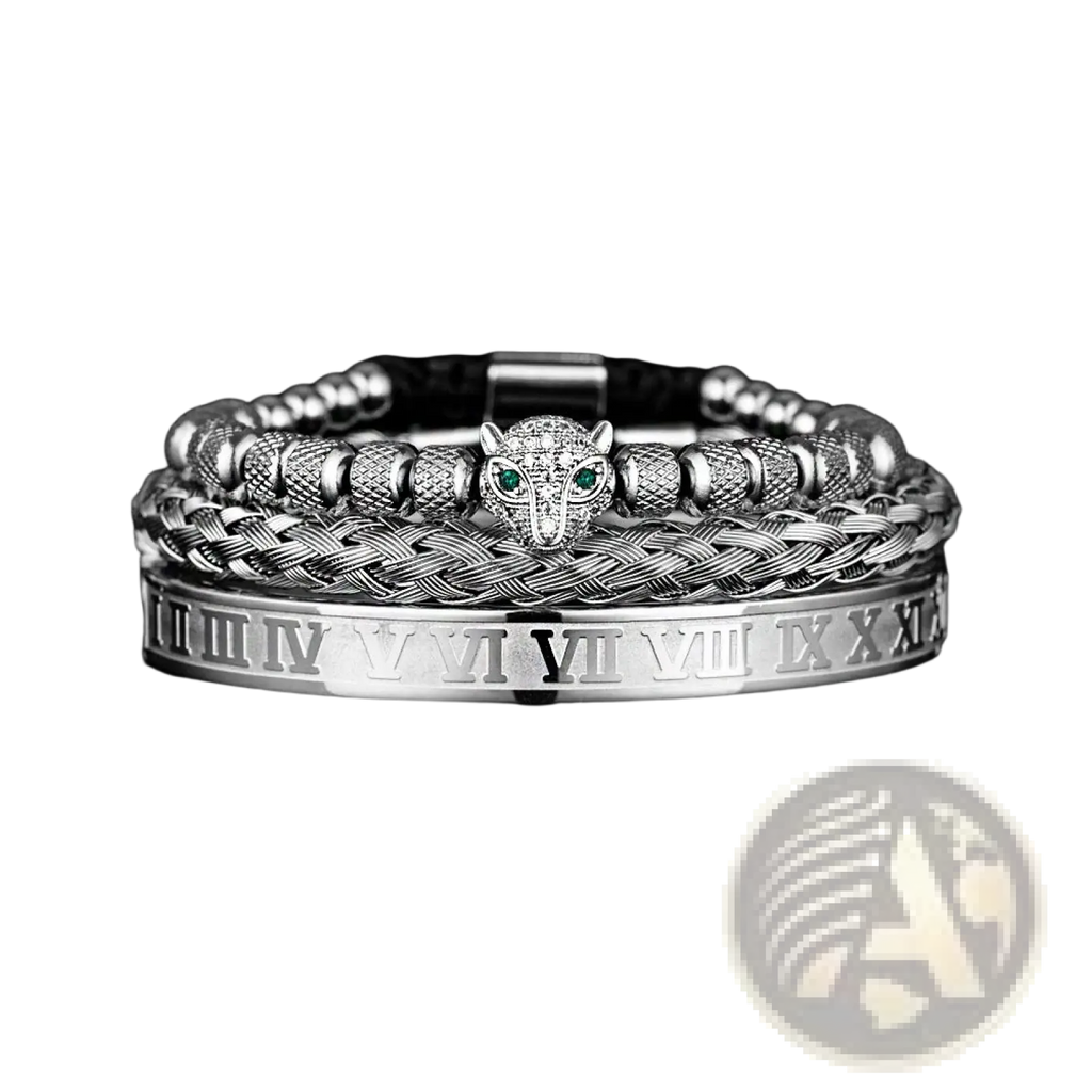 Silver-toned multi-layered roman numeral bracelet set with a central leopard head charm featuring green eyes and braided leather links