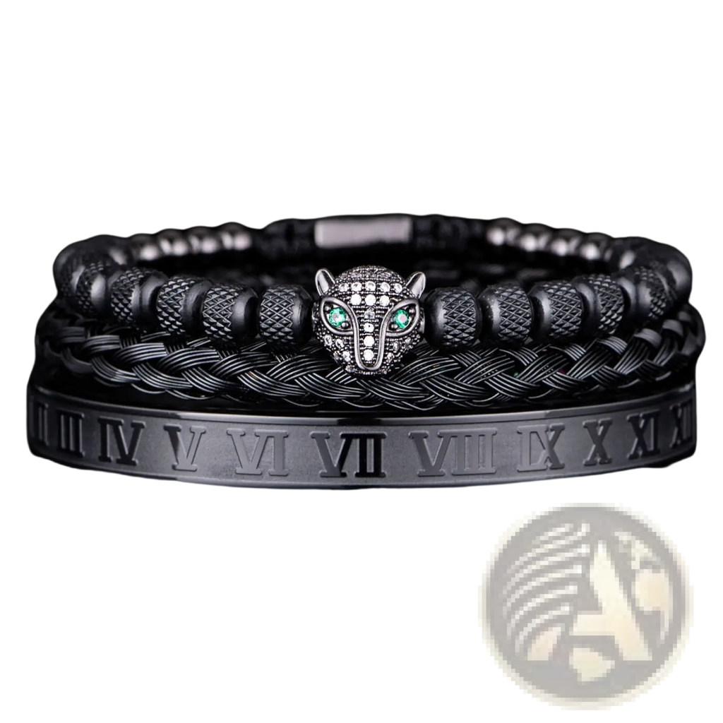 Black braided leather bracelet set featuring a silver-toned panther head charm with green gemstone eyes and textured beads
