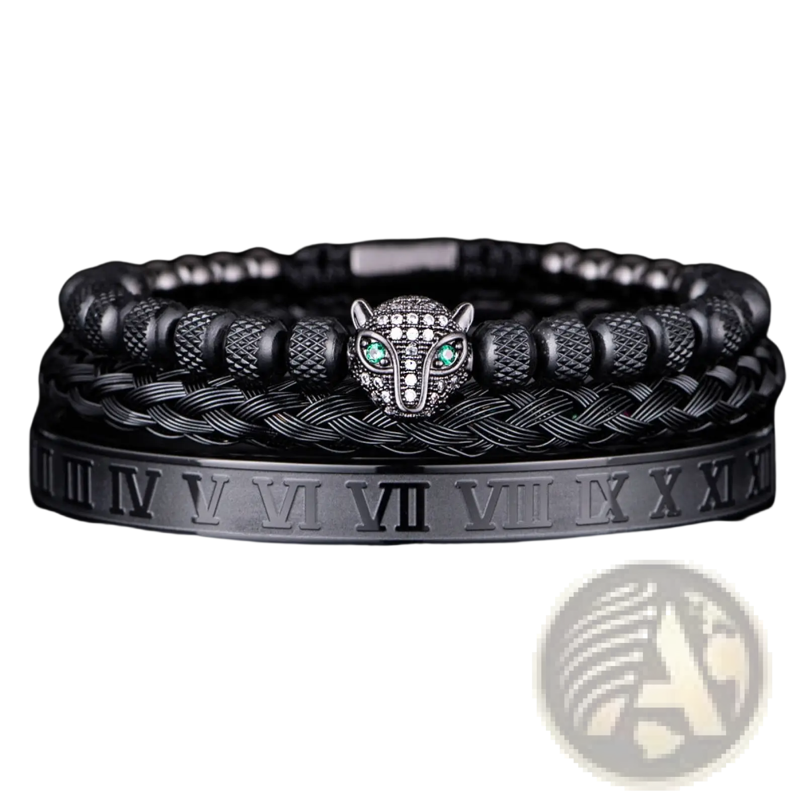 Black braided leather bracelet set featuring a silver-toned panther head charm with green gemstone eyes and textured beads