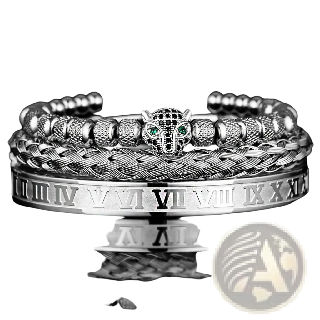 Silver-toned roman numeral leopard head braided leather bracelet set with green gemstone eyes and textured beads