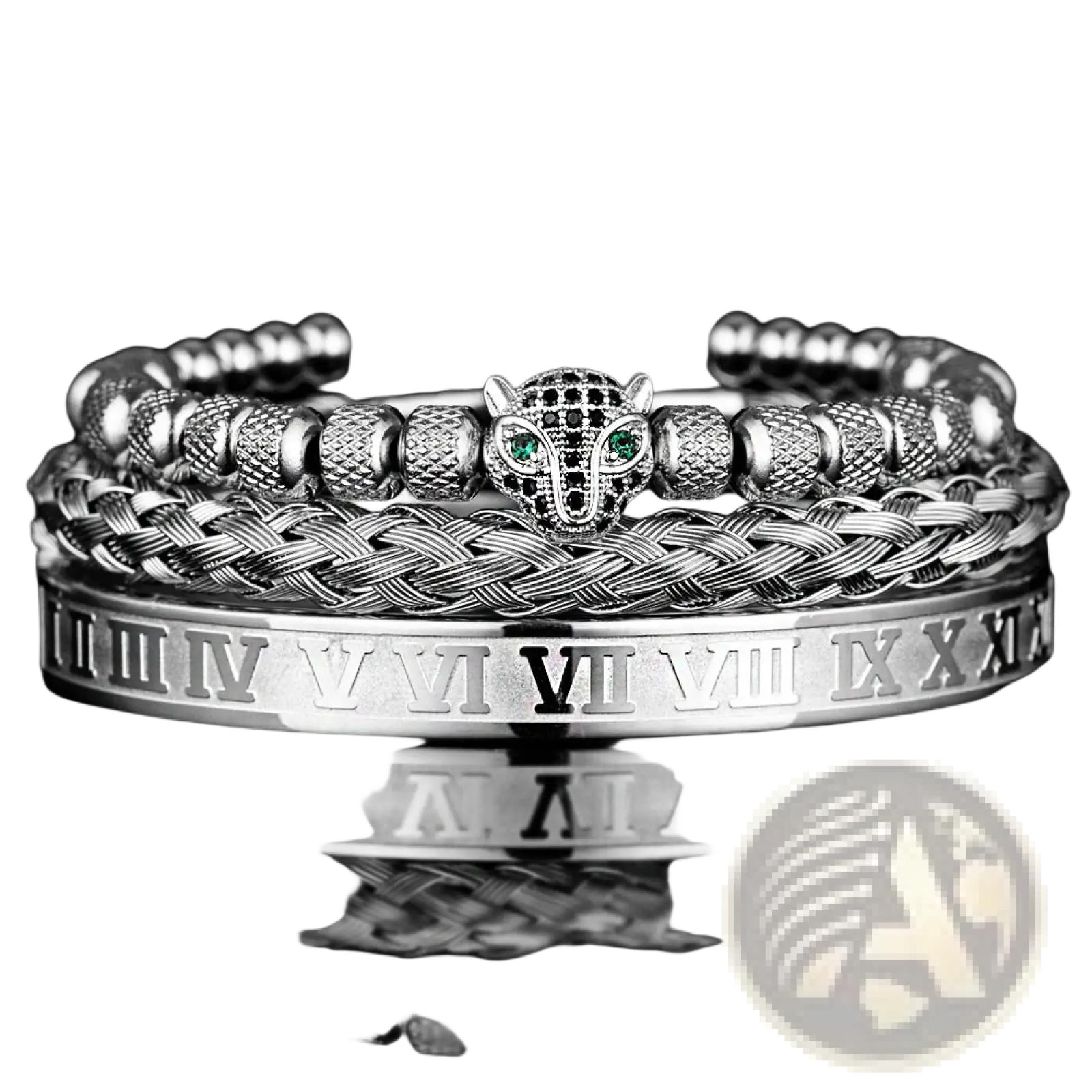 Silver-toned roman numeral leopard head braided leather bracelet set with green gemstone eyes and textured beads