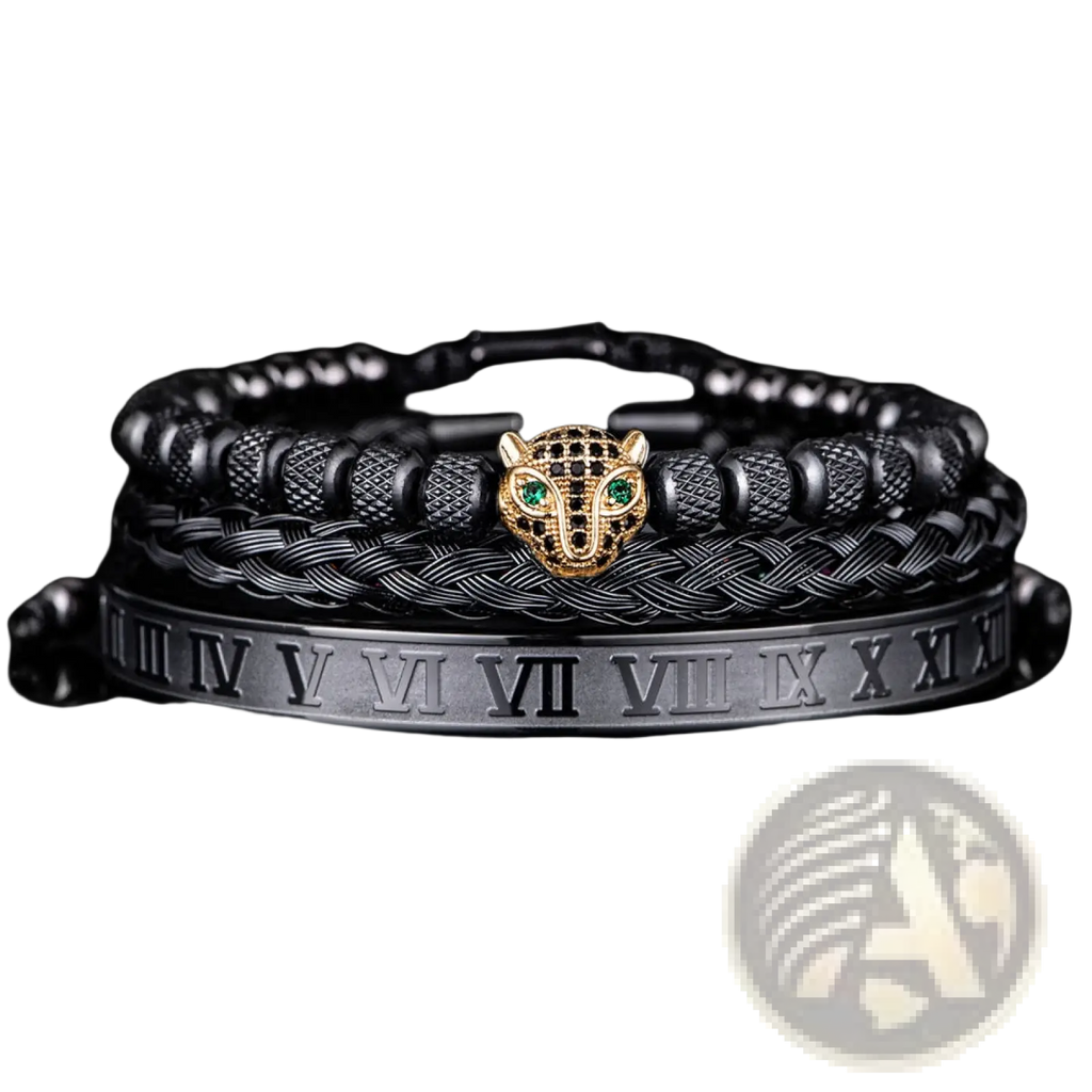 Black braided leather bracelet with gold-toned roman numeral leopard head charm featuring green eyes