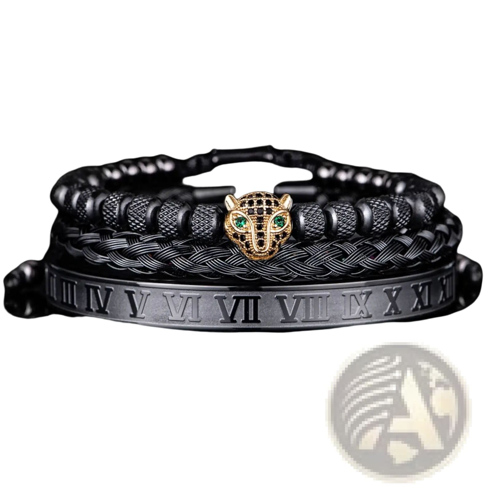 Black braided leather bracelet with gold-toned roman numeral leopard head charm featuring green eyes